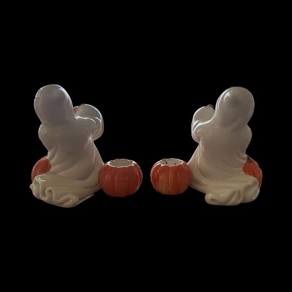 Halloween Fall Pumpkin Ghost Candlestick Holders Pair of 1996 Fitz & Floyd - Picture 2 of 9